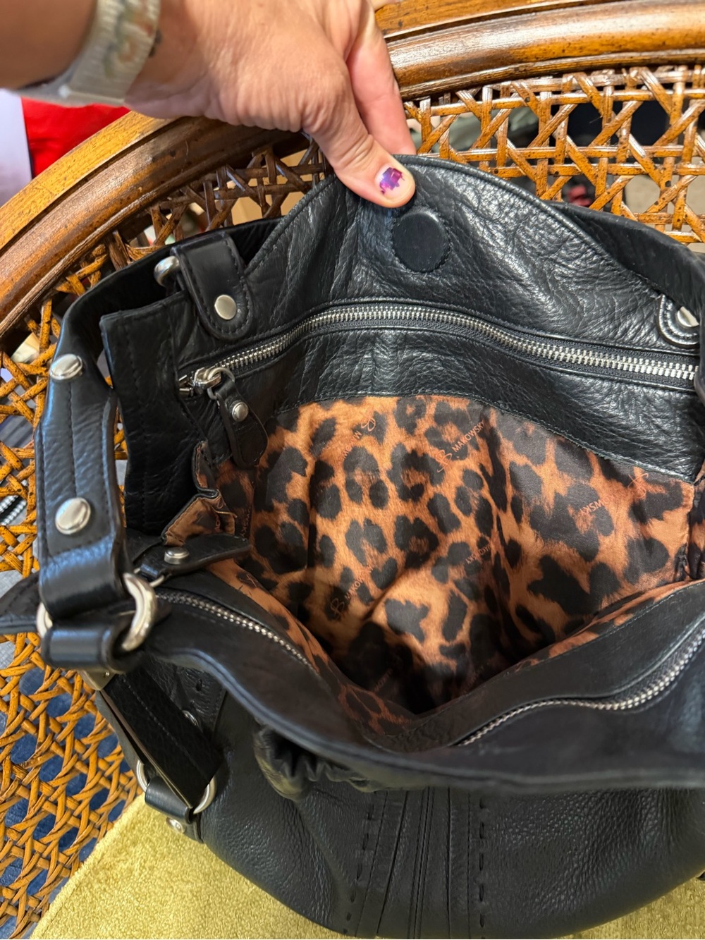 B.Makowsky Black Leather Hobo Shoulder Bag | Leopard Lining | Y2K Bella Tote - Picture 2 of 3